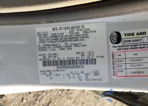 2010 Ford Fusion Se from USA, damaged, VIN 3FAHP0HA4AR340710